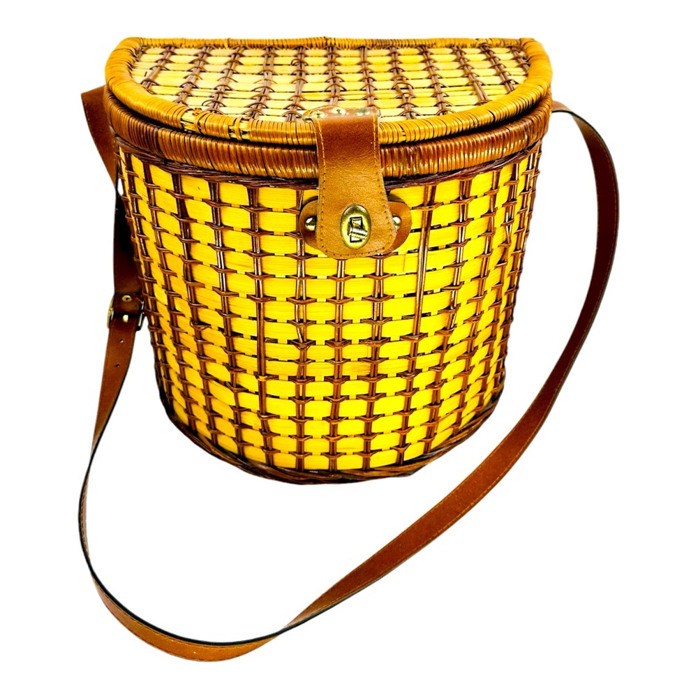 Vintage Vertical Picnic Basket With Floral Cloth Lining and leather strap